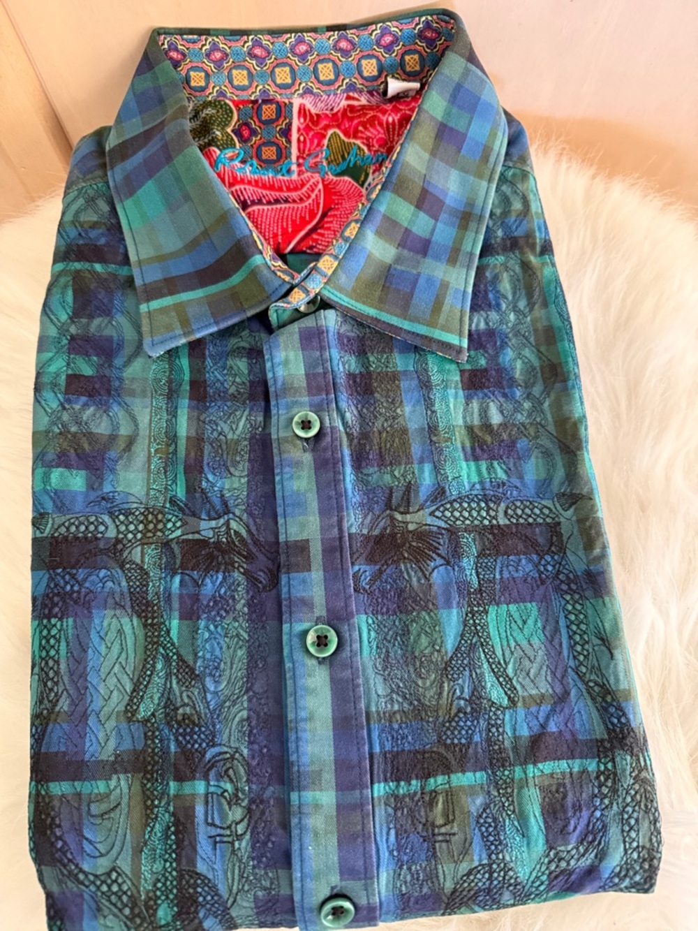Robert Graham 3XL GalwayTeal Blue Plaid Embroidered Dragons Button-Down Shirt